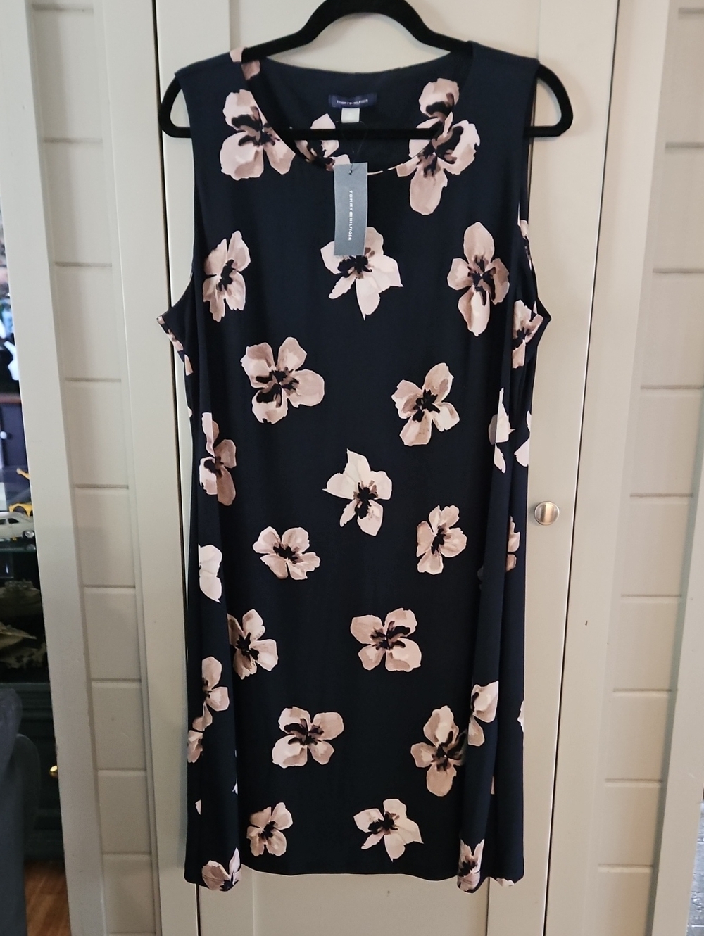 NWT Ret.$124 T.Hilfiger Navy Midi Dress tan/taupe Floral Print Sz16 Ptp23 L38.5